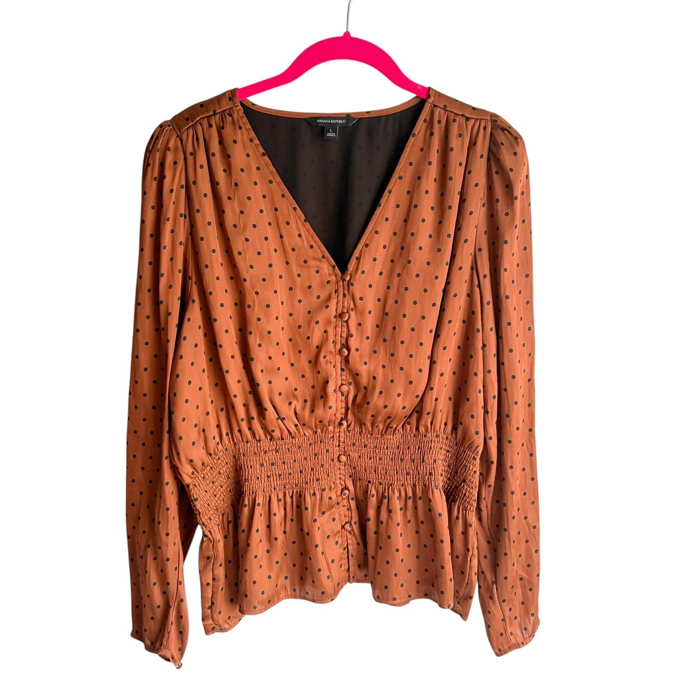 BANANA REPUBLIC Brown and Black Polka Dot Satin Puff Sleeve Ladies Blouse, L